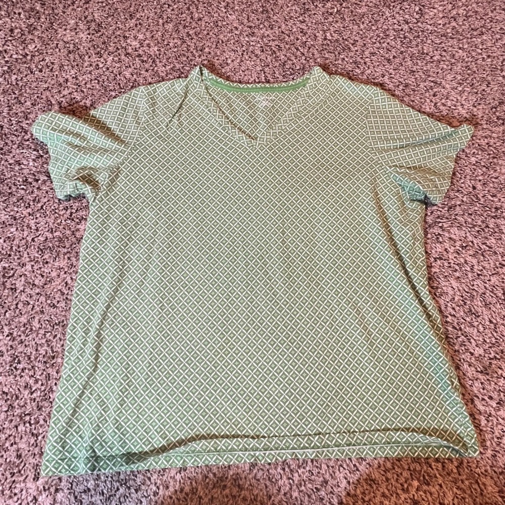 Lands End Womens Large Green White Lattice Print Cotton V-Neck Short‎ Sleeve Tee